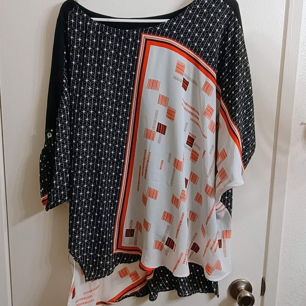 Michael Tyler Chic Black and White Geometric Women's Blouse with Orange Accents